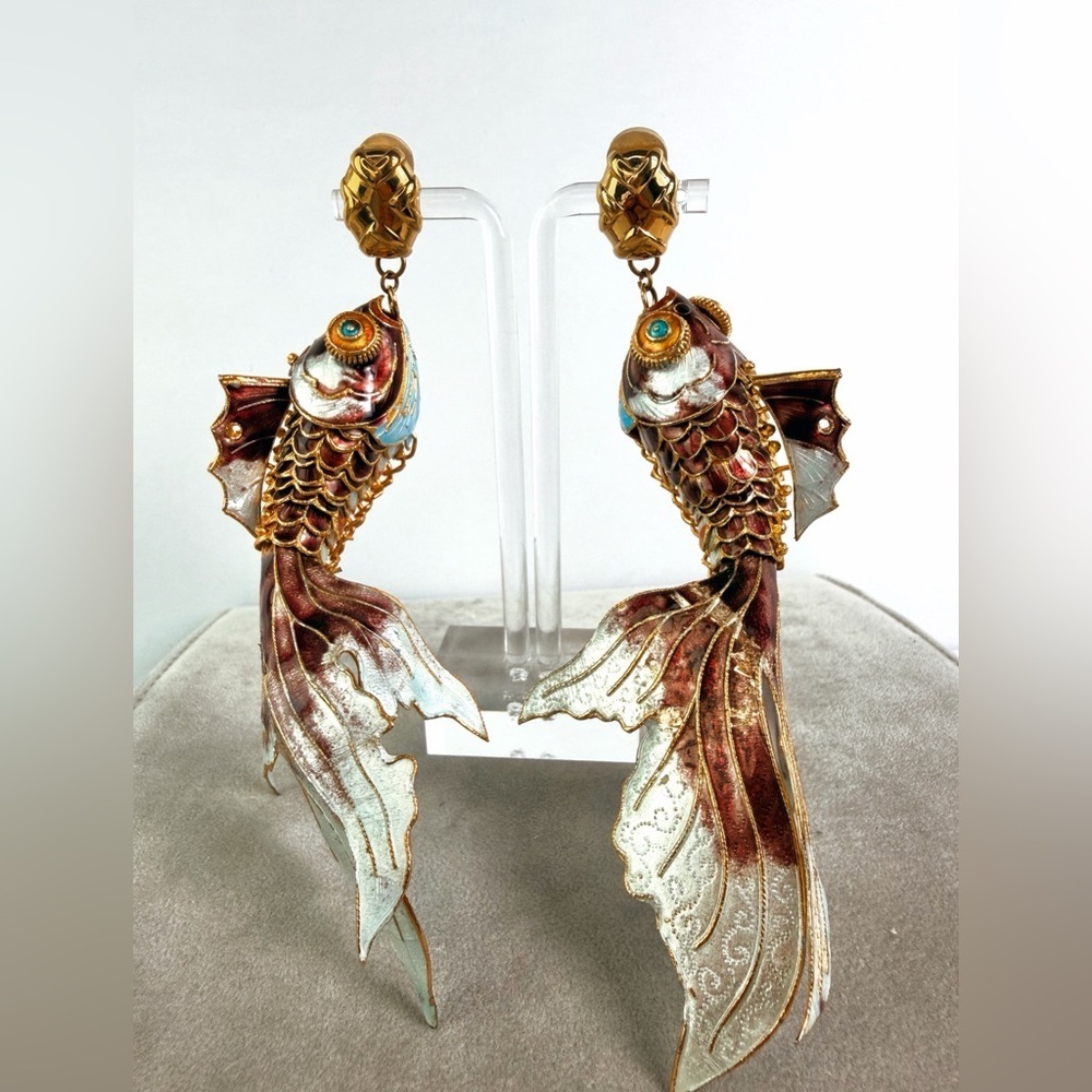 Nina Ricci clip on earrings with articulated enamel koi fish